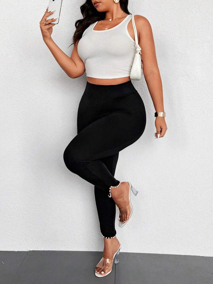 SHEIN Unity 大码女式高腰纯色褶皱下摆优雅紧身裤 - 黑色 - 查看 3