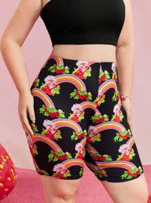 Strawberry Shortcake X SHEIN Plus Size Kawaii Rainbow & Strawberry Print Black Summer Biker Shorts