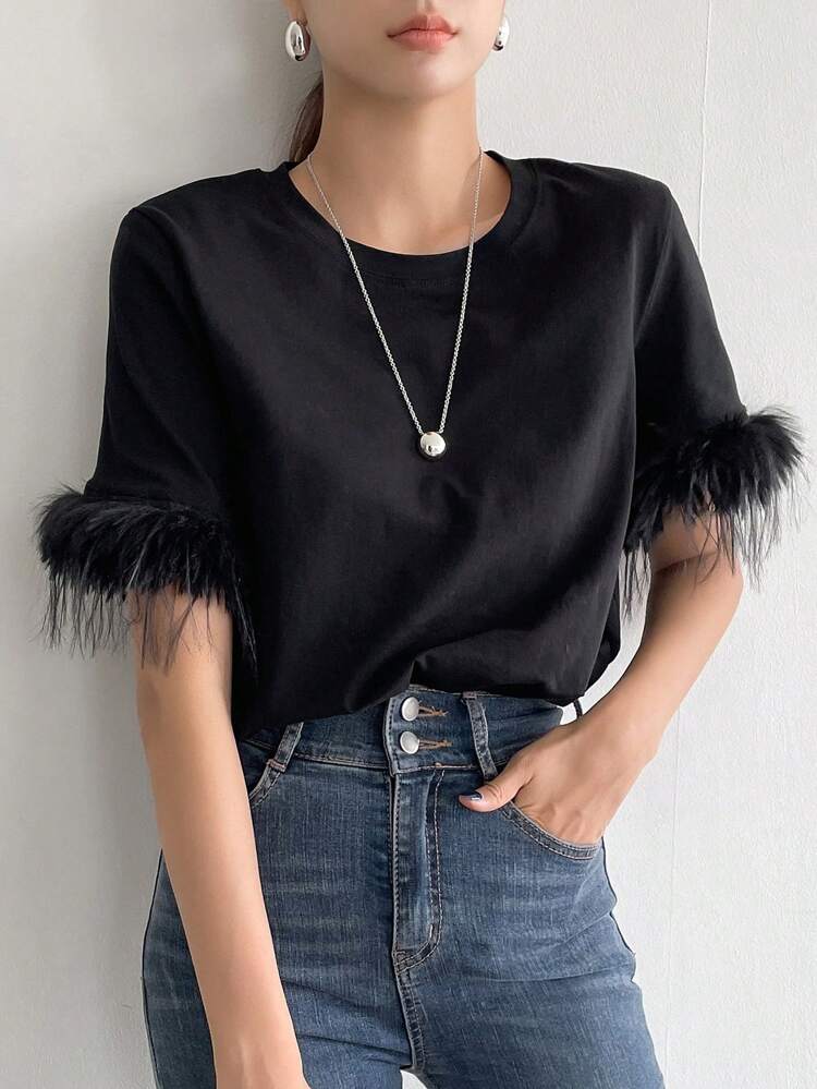 Fuzzy Cuff Round Neck Tee Preppy Tops