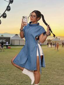 SHEIN PETITE Damen Lässig Jeansbluse, modisch für Sommer Camping, Country Konzert, Cowgirl, Rave, Streetwear für Frauen, Ausgehen Streetwear für Frauen, Petite Frauen - Mittele Waschung - Übersicht 3