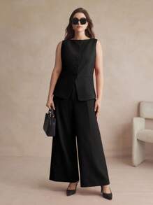 Maija 纯色两件套加大码西装套装，无袖背心和裤子，简约时尚，秋冬优雅办公室女士装 - 黑色 - 查看 3