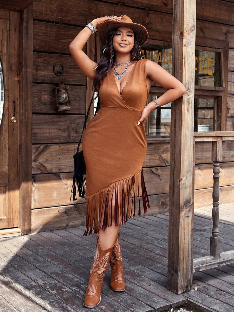 SHEIN LUNE 大码女式优雅纯色 V 领无袖流苏不对称下摆连衣裙