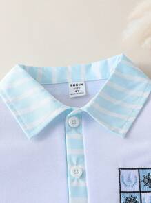 SHEIN Young Boy Boys' (Small) Casual Minimalist Striped Collar Short Sleeve POLO Shirt And Contrasting Color Shorts Set, Suitable For Summer
