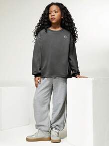 JNSQ Back To School Clothes, Tween Girls And Boys Oversized Long Sleeve Hoodies, Round Neck Contrast Color Reflective Tape Funny Letter Print Long Sleeve Sweatshirts, Suitable For Autumn, Winter Daily Wear, Outdoor Activities, Vacation, Streetwear, Party And Casual - Dark Grey - View 12