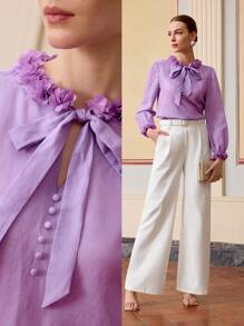 ZEYLAH ÁO BLOUSE CỔ THẮT NƠ APPLIQUES - Màu tím hoa cà - Xem 1