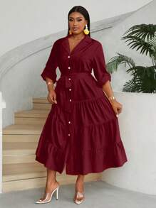 Maweii Abito maxi da donna con scollo a V, abbottonatura frontale, maniche lunghe, con cintura e balza in vita, elegante e adatto a taglie comode