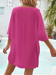SHEIN VCAY Women's Solid Color Casual Cover Up, Suitable For Summer - Hot Pink - View 2