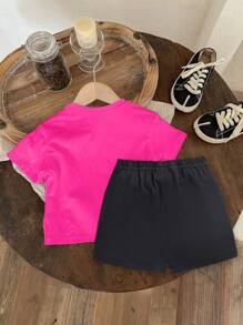 SHEIN Playful Pals 2 件套女婴休闲百搭日常服装，适合外出，春夏季 - 玫紅色 - 查看 2