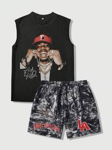 ROMWE MEN Street Life Set di canotta e pantaloncini da uomo con stampa di figura umana e rami d'albero - nero - Visualizzare 1