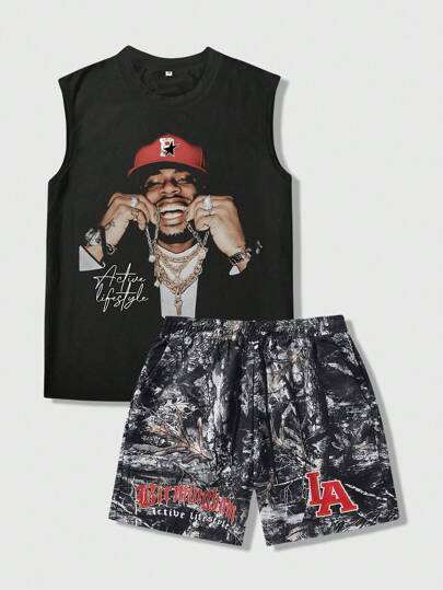 Street Life Ensemble débardeur et short imprimé avec figure humaine et branche d'arbre pour hommes