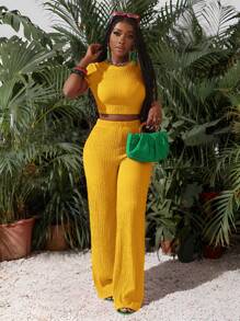 Slaydiva 新款休闲基础运动风春夏圆领短袖截短T恤+阔腿超长裤玫红色条纹纹理针织面料女两件套-I，夏季套装 - 黃色 - 查看 6