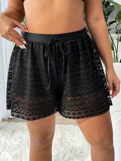 Swim Vcay Plus Size Women's Black High Elastic Special Fabric Casual Leisure Loose 2 In 1 Beach Pants For Summer Beach Vacation