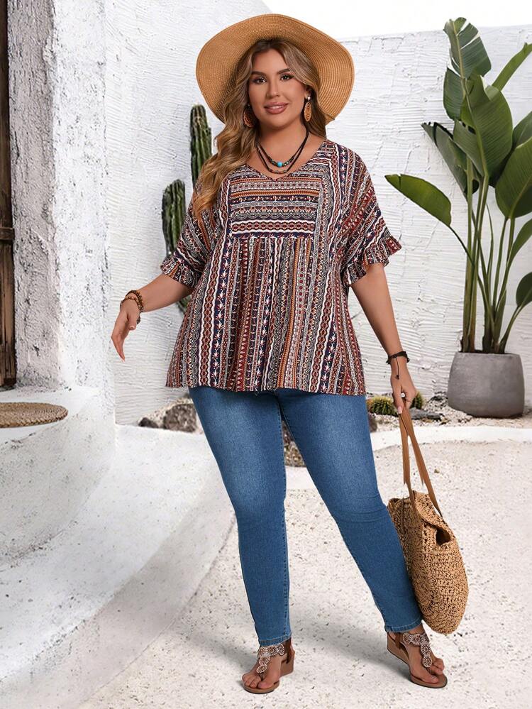 1pc Plus Size V-Neck Short Sleeve Shirt, Minimalist & Fashionable For Summer,Vacation Woman,Concert Women,Easter Women,Easter Women,Country Concert, Western Wear Women,Boho Chic,Boho Women,Summer For Women Tunic Top,Spring