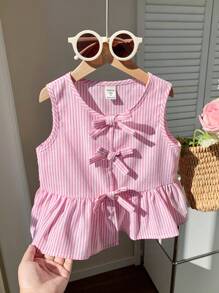 LMoss Kids Blusa sin mangas con lazo a rayas rosas, versátil y linda para niña en verano