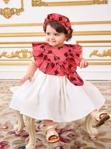 SHEIN 女婴碎花荷叶边连衣裙（带头带和包袋）3 件套，夏季 - 彩色 - 查看 4