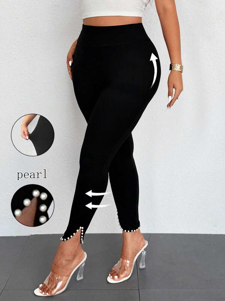 SHEIN Unity 大码女式高腰纯色褶皱下摆优雅紧身裤 - 黑色 - 查看 1