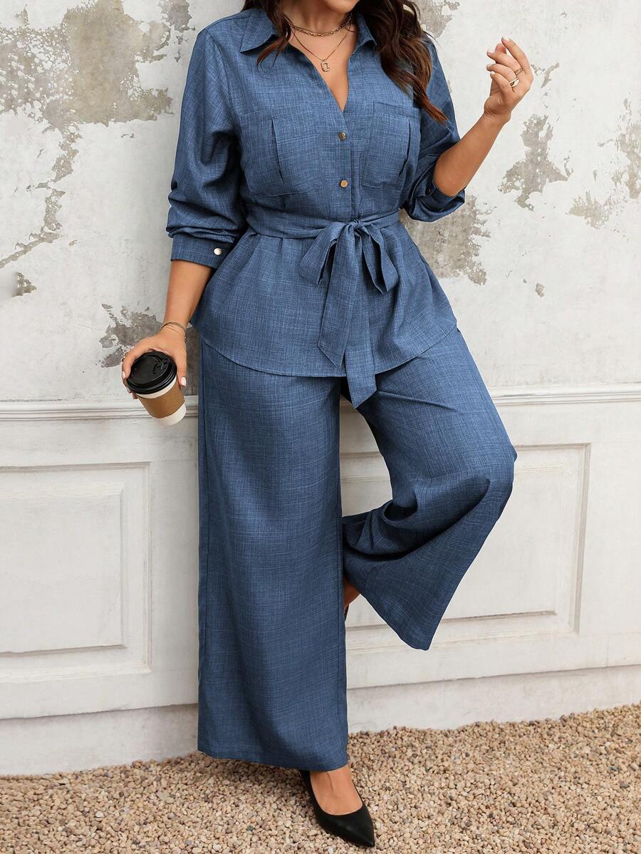 Vionelle 女士法式优雅休闲商务/度假纯色 V 领衬衫，口袋和金属扣收腰细节 + 宽松高弹力腰阔腿裤，长袖，春/秋/冬 - 藍色 - 查看 1