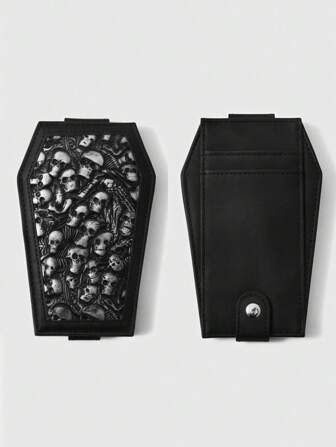 Grunge Punk 1 pieza Portacarnet de poliuretano con forma de ataúd y estampado 3D de calavera gótico, estilo vintage punk rock, estuche de identificación de viaje, billetera plegable informal de moda unisex para fiesta