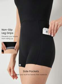 GLOWMODE 2.5'' FeatherFit™-Air Sweat-Wicking Quick-Dry Flow And Go Tummy Control Cutout Back Square Neck Back Athletic Workout Romper Bodyduit With Side Pockets Non-Slip Grips Low Impact Yoga Pilates Studio Daily Casual Wear