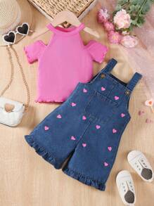 SHEIN Baby Girl Summer Rose Pink Off-Shoulder Ribbed Short Sleeve Top With Rose Pink Heart Print Suspender Shorts, Sweet And Lovely Style, Comfortable And Breathable Fabric. This Set Features A Heart Pattern, A Fashionable And Versatile Design That Can Showcase Your Little One's Unique Charm Whether It's For Outdoor Play Or Casual Home Wear. - Multicolor - View 7