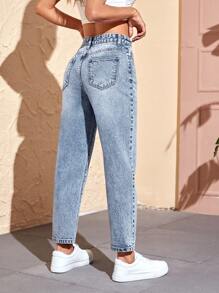 SHEIN Women's Front Button Pocket Minimalist Denim Pants, Casual Everyday Wear - Light Wash - View 2