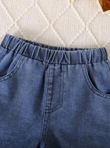 SHEIN Vintaside Kids 2 件套女婴刺绣蕾丝荷叶边衬衫 + 花卉牛仔短裤套装，夏季 - 白色 - 查看 9