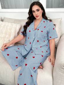 SHEIN Blue Striped Heart Print Lapel Short Sleeve Top & Long Pants Plus Size Pajama Set - Multicolor - View 1