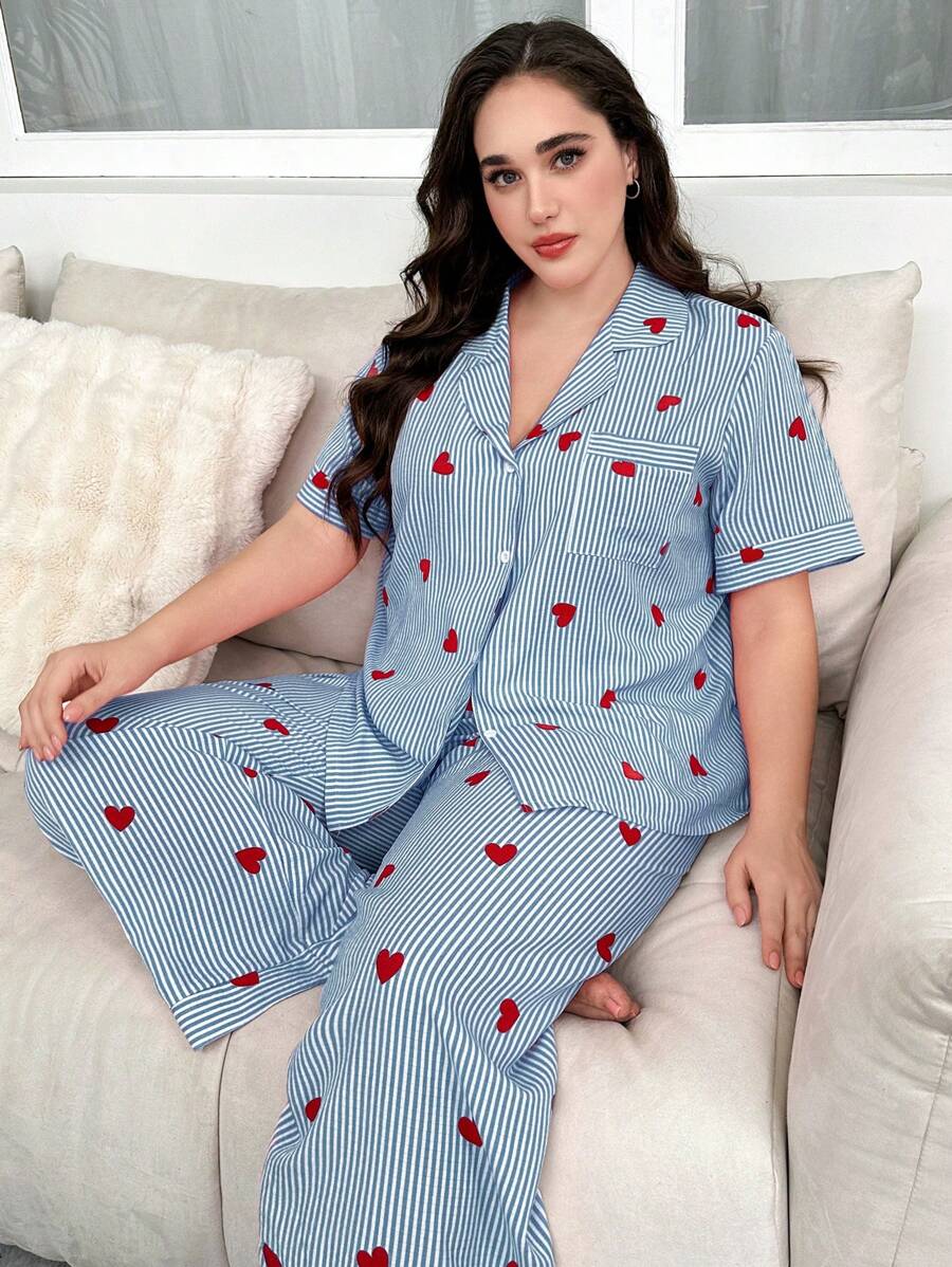 SHEIN Blue Striped Heart Print Lapel Short Sleeve Top & Long Pants Plus Size Pajama Set - Multicolor - View 1