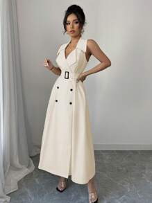 Elenzga Vestido informal y elegante de mujer tipo casual para vacaciones o trabajo, de unicolor, con solapa con muesca, doble botonadura, línea A, sin mangas y con cinturón