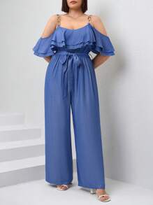 SHEIN Clasi 大码女式纯色露肩荷叶边阔腿休闲连体裤