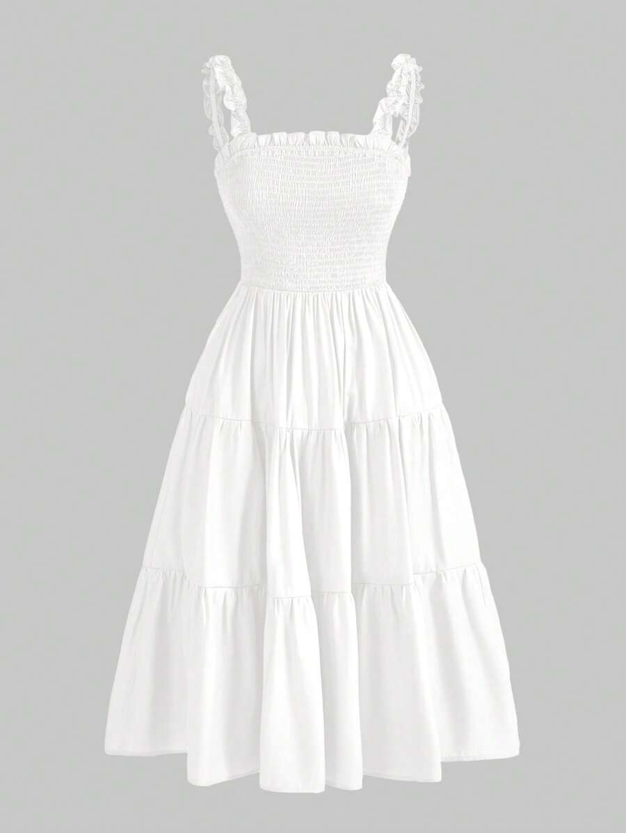 Aveloria Rosie 纯色荷叶边装饰荷叶边下摆连衣裙节日派对连衣裙波西米亚风度假时尚风格，适合夏季春秋季