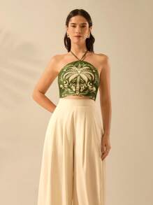 CAJUNI Women's Boho Coconut Tree & Crescent Moon Print Casual Holiday Summer Beach Halter Neck Ultra Cropped Top - Green - View 6
