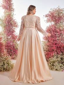 Glamrae Plus Size Luxury Lotus Pink Pearl & Rhinestone Embroidered Satin Patchwork Elegant Evening Gown - Apricot - View 2