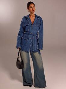 Forever 21 Fall & Winter Women Blue Denim Jacket Christmas New Years Holiday Party Women Coat Blue Coat Holiday New Years Loose Coat Long Sleeve Coat New Years Eve New Years Christmas Party Women Denim Holiday Women Holiday Christmas Y2k Loose Collared Retro Party Wear Blue Washed With Pockets Street Style Belt Classy Daily Wear Casual Denim Coat - Blue - View 3