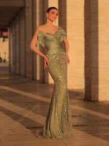 Glamrae Elegante y lujoso vestido de cola de sirena con pliegues de satén, parches, cuentas y lentejuelas, con cola. Adecuado para bodas, fiestas, eventos, cruceros y ocasiones formales (peso pesado)