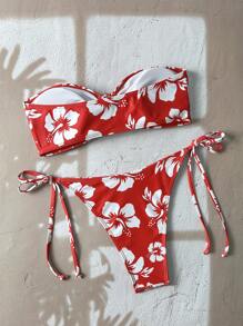 Swim Mod Springbreak Women's Floral Random Prints Drawstring Bandeau Bikini Sets For Summer Beach Vacation - Black - View 2