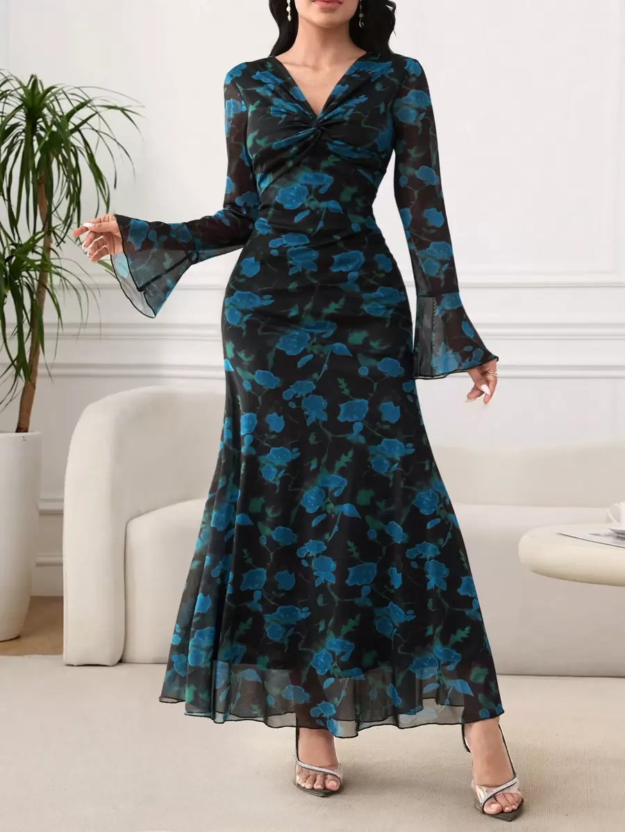 Modelyn Women's V-Neck Twist Maxi Bodycon Dress, Flare Sleeve, Elegant & Chic, Spring/Summer Fall Cloth For Women - Blue - View 1