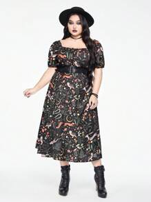 ROMWE Fairycore Plus Size Women Botanical Print Square Neck Puff Sleeve Split Hem Mid-Length Dress, Summer Outfit - Multicolor - View 4