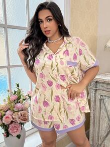 CottageSlumber Conjunto de pijama de short y blusa de manga corta de estampado floral con patchwork arrugado y abertura delantera para tallas grandes, ideal para vacaciones