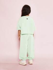 SUMWON Kids Butterfly Logo Two-Piece Leisure Set Boxy Crop Top Baggy Sweatpants Cozy Spring Fall Outfit Matching Wear Tracksuit Comfortable Play Set - Mint Green - View 2
