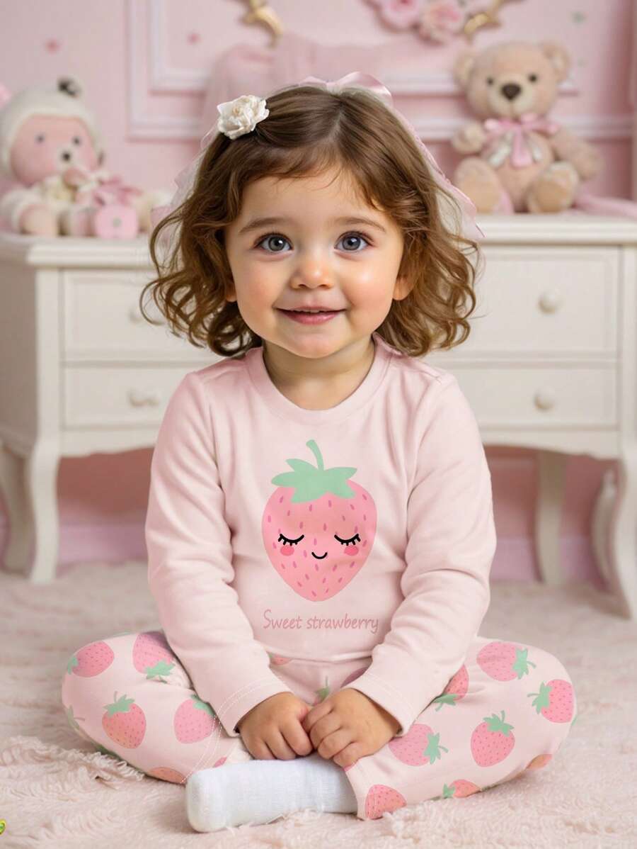 SHEIN Baby Girl Casual Minimalist Soft Long Sleeve Fitted Pajamas Set Suitable For Summer