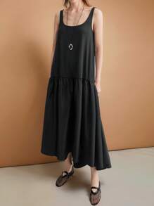 Ontre 2025 新款女式无袖拼布中长连衣裙，休闲都市风格，黑色同色系拼布全裙长裙，春季时尚 - 黑色 - 查看 4