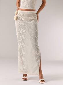 SHEIN BAE Falda elegante con abertura lateral en el dobladillo con estampado floral de jacquard para mujer