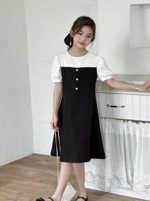 Tween Girl' 白色圆领短款泡泡袖收腰黑色连衣裙 - 黑與白 - 查看 5