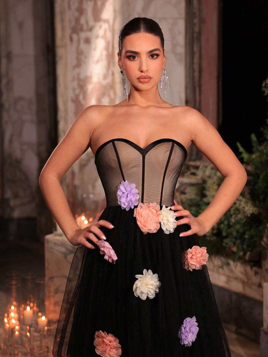 Glamrae Váy dạ hội trang trọng không tay cổ chữ V sâu họa tiết hoa 3D thủ công màu đen sang trọng và thanh lịch dành cho nữ - màu đen - Xem 1