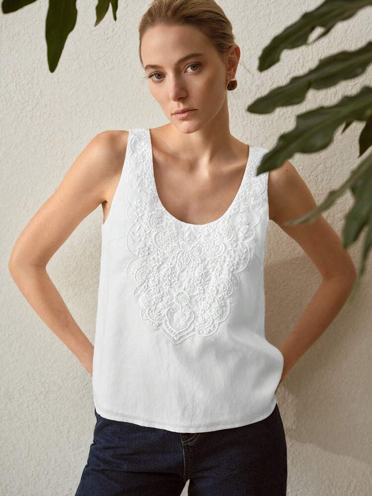 LINEN CASUAL ELEGANT EMBROIDERY ROUND NECK TANK TOP, SUITABLE FOR DAILY AND HOLIDAY WEAR