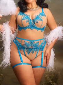 PinupGlam 5pcs Set Embroidered Mesh Plus Size Lingerie Set