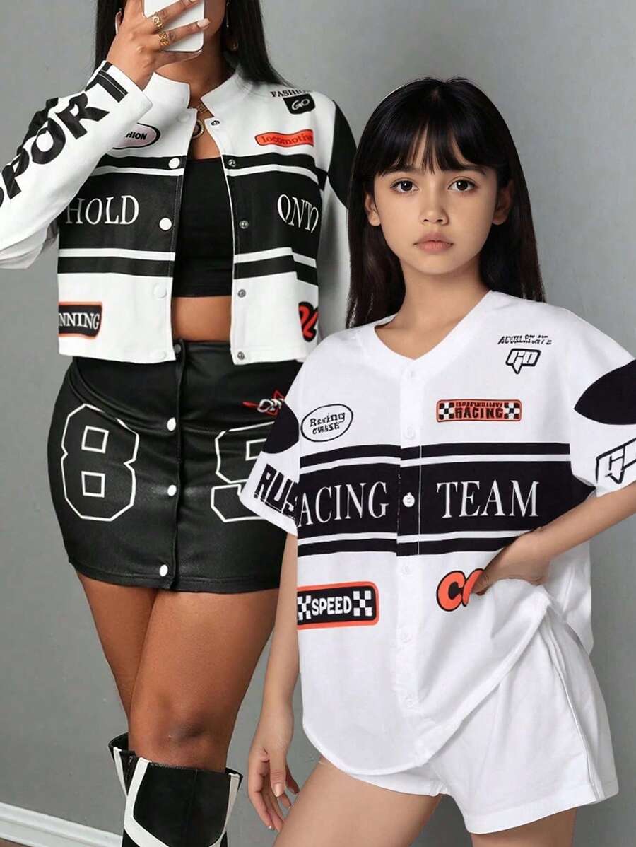 Tween Girl 字母印花短袖单排扣宽松休闲衬衫 - 黑色 - 查看 1