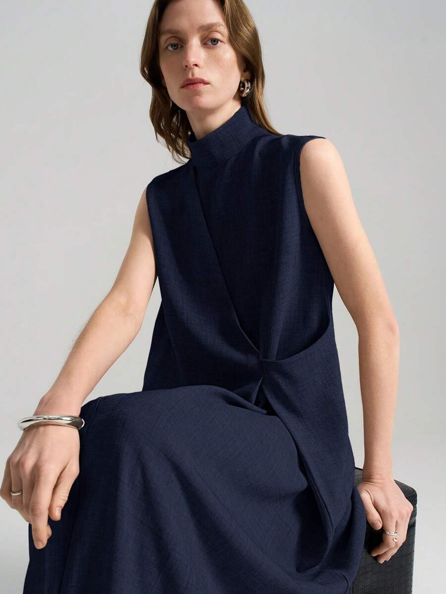 Ontre 2025 Women's Solid Color Stand Collar Sleeveless Ruched Dress, Vacation Style Business Casual Vintage Look, Suitable For Summer & Autumn - Navy Blue - View 1