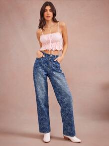 WESTFADE 色调春季花卉中腰直腿西部牛仔裤夏季度假早午餐 - 中等水洗藍 - 查看 5